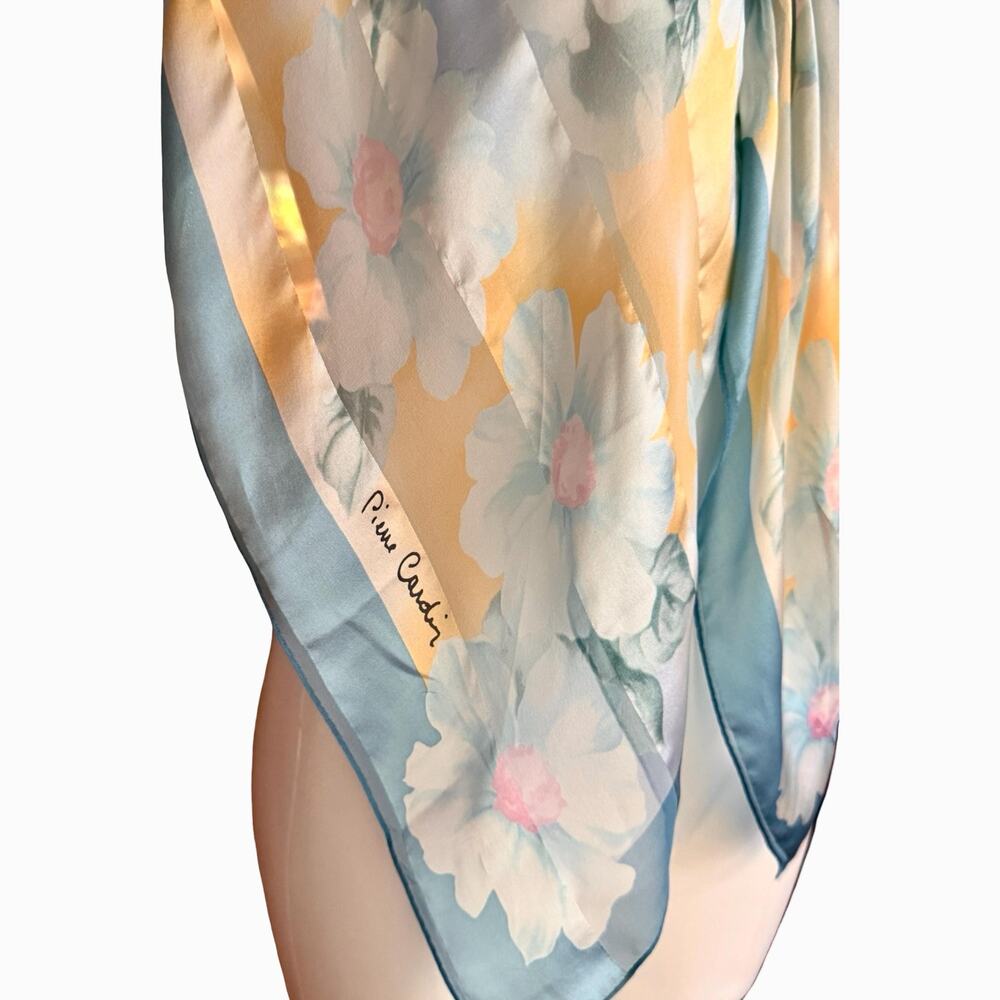 Vintage Pierre Cardin Paris Silk Scarf 34” Watercolor Floral Blue Yellow 1980s - Picture 6 of 10